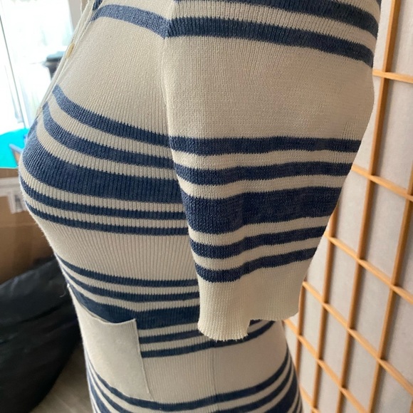 **PRADA** Navy Blue White Stripe T-shirt Blouse Size 40 Small Button Pockets - Picture 5 of 9